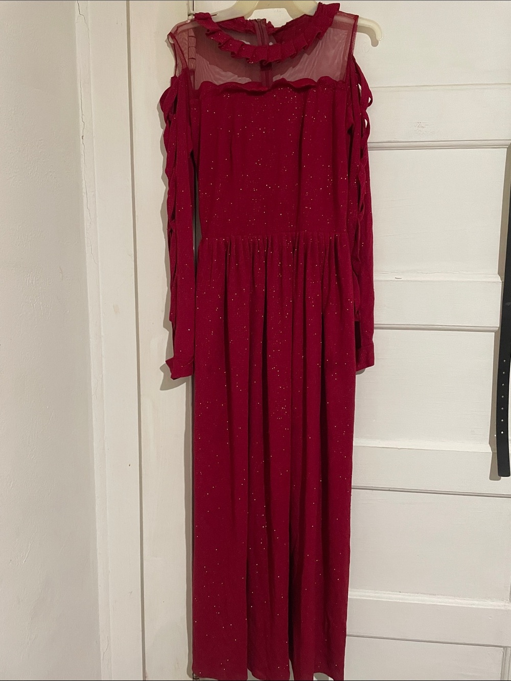 Girls' Sparkle Red silver-Shoulder Maxi Dress with Ruffled Neck